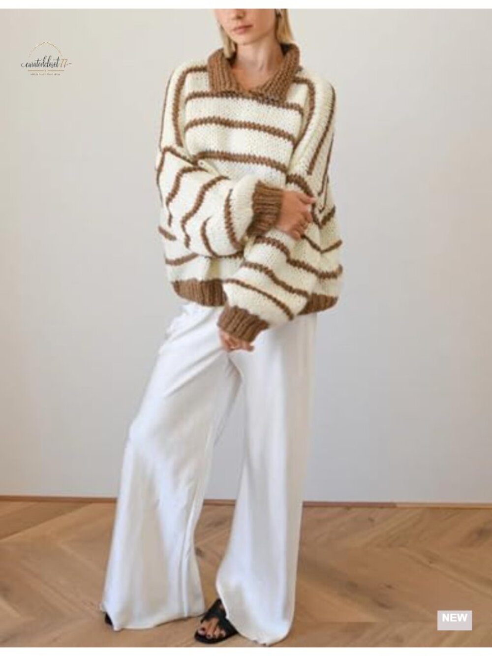 Oversized Striped Knit Pullover Sweater Crewneck Long Balloon Sleeve - Picture 4 of 6
